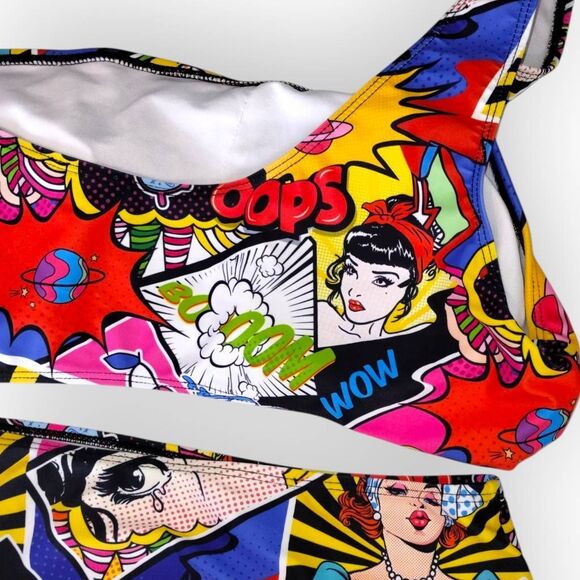 Womens Swimsuit Popart Sz XL Comic Print One Shoulder Connect 2 PC High Cut Swim - Picture 6 of 11